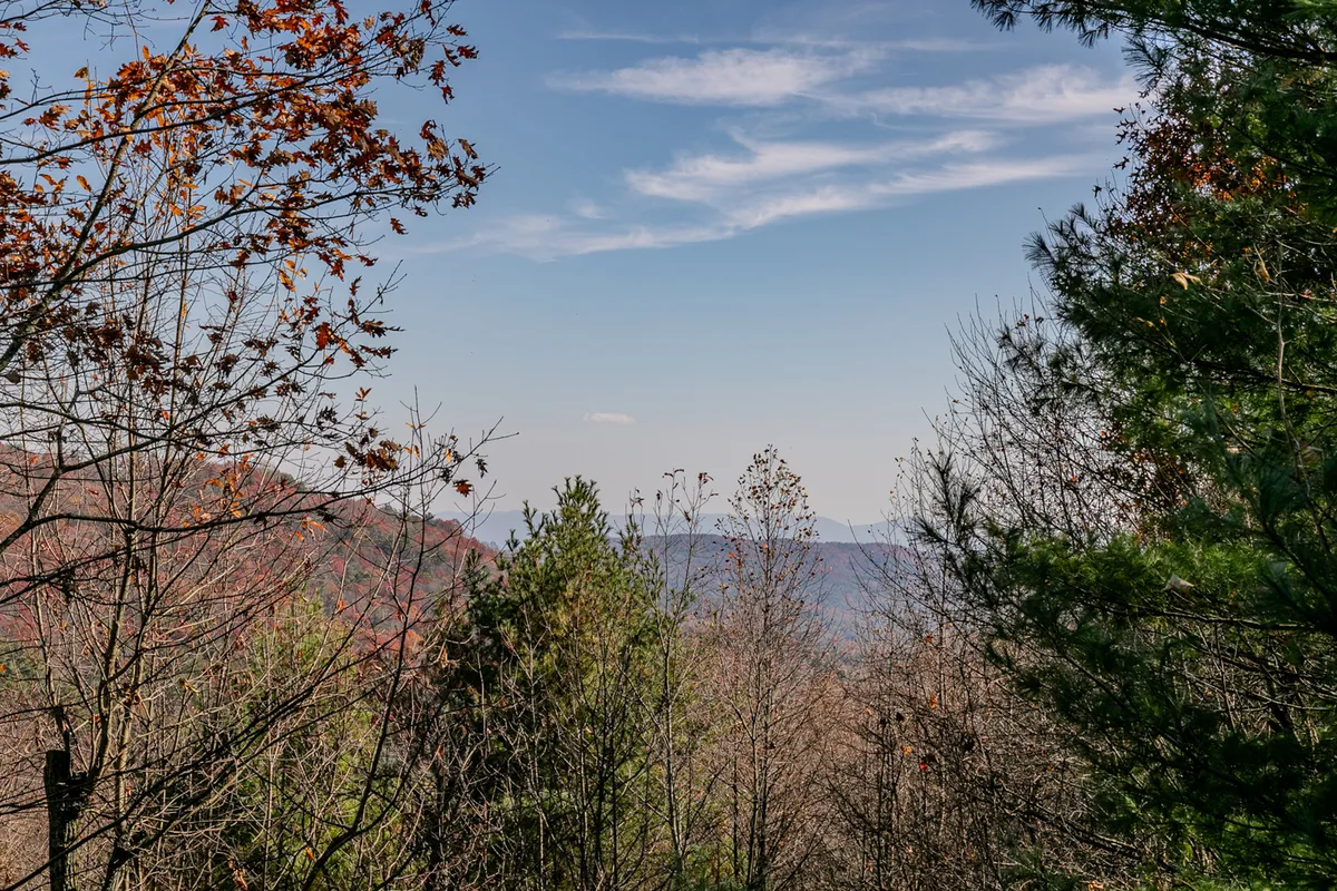 A breathtaking mountain view with autumn foliage and an expansive sky, capturing the tranquil beauty of the Blue Ridge region. The vista invites outdoor adventure, hiking, and moments of quiet reflection, aligning with the area’s iconic overlooks and natural attractions.